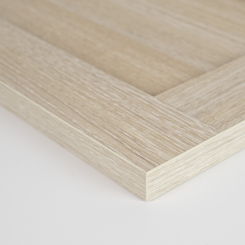 milky oak laminate cabinet door outside corner detail